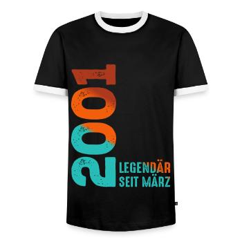 Legendary since March 2001 March 2001 Birthday 2001 - Men's Ringer Shirt - black/white - Front - AI Model Female 172 light (172cm) & AI Model Male 178 light (178cm)