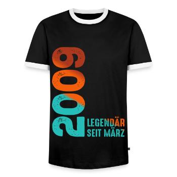Legendary Since March 2009 March 2009 Birthday 2009 - Men's Ringer Shirt - black/white - Front - AI Model Female 172 light (172cm) & AI Model Male 178 light (178cm)