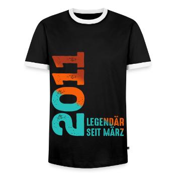 Legendary Since March 2011 March 2011 Birthday 2011 - Men's Ringer Shirt - black/white - Front - AI Model Female 172 light (172cm) & AI Model Male 178 light (178cm)