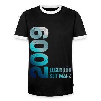 Legendary Since March 2009 March 2009 Birthday 2009 - Men's Ringer Shirt - black/white - Front - AI Model Female 172 light (172cm) & AI Model Male 178 light (178cm)