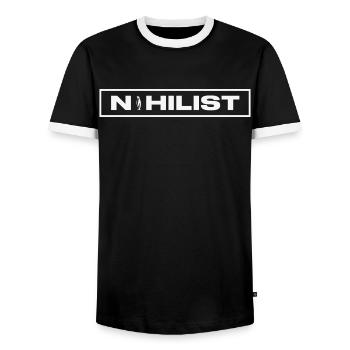 NIHILIST_PENGUIN_LIGHT - Men's Ringer Shirt - black/white - Front - AI Model Female 172 light (172cm) & AI Model Male 178 light (178cm)