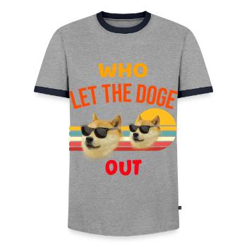Dogecoin - Who let the doge out - Men's Ringer Shirt - grey/navy  - Front - AI Model Female 172 light (172cm) & AI Model Male 178 light (178cm)
