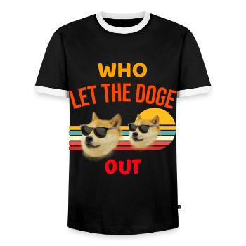 Dogecoin - Who let the doge out - Men's Ringer Shirt - black/white - Front - AI Model Female 172 light (172cm) & AI Model Male 178 light (178cm)
