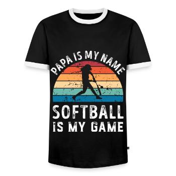 Papa ist mein Name Softball ist mein Spiel Papa Väter - Männer Kontrast-T-Shirt - Schwarz/Weiß - Vorne - AI Model Female 172 light (172cm) & AI Model Male 178 light (178cm)