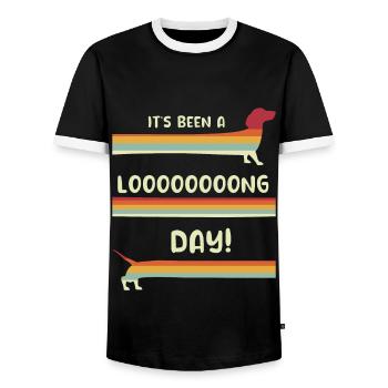 Cela a été une longue journée drôle de chien de saucisse teckel - T-shirt contrasté Homme - noir/blanc - Devant - AI Model Female 172 light (172cm) & AI Model Male 178 light (178cm)