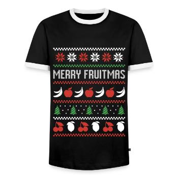 Fruit Banana Apple Bird Ugly Christmas Sweater - Men's Ringer Shirt - black/white - Front - AI Model Female 172 light (172cm) & AI Model Male 178 light (178cm)