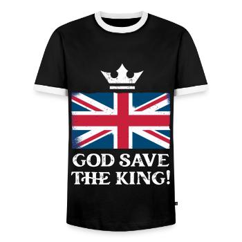 God Save the King Charles III Krönung 2023 - Männer Kontrast-T-Shirt - Schwarz/Weiß - Vorne - AI Model Female 172 light (172cm) & AI Model Male 178 light (178cm)