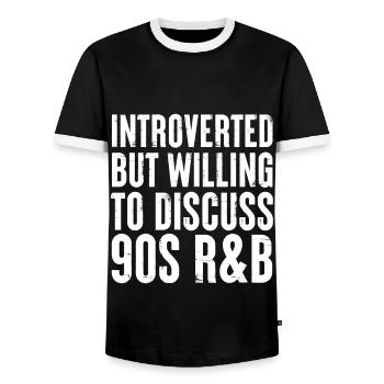 introverted but willing to discuss 90s R&B Gift - Men's Ringer Shirt - black/white - Front - AI Model Female 172 light (172cm) & AI Model Male 178 light (178cm)