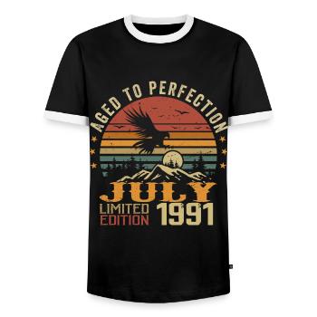 Vintage July 1991 Anniversary July 1991 - Men's Ringer Shirt - black/white - Front - AI Model Female 172 light (172cm) & AI Model Male 178 light (178cm)