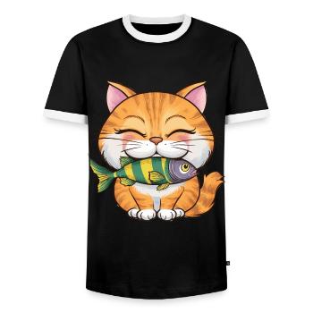Niedliche Katze mit Fisch für Katzenbesitzer - Männer Kontrast-T-Shirt - Schwarz/Weiß - Vorne - AI Model Female 172 light (172cm) & AI Model Male 178 light (178cm)
