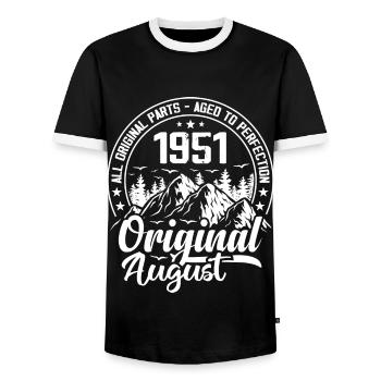 August 1951 Original: 73 Jahre Geburtstagsgeschenk - Männer Kontrast-T-Shirt - Schwarz/Weiß - Vorne - AI Model Female 172 light (172cm) & AI Model Male 178 light (178cm)
