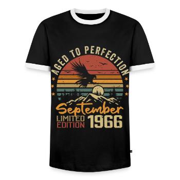 September 1966 Birthdays born in September 1966 - Men's Ringer Shirt - black/white - Front - AI Model Female 172 light (172cm) & AI Model Male 178 light (178cm)