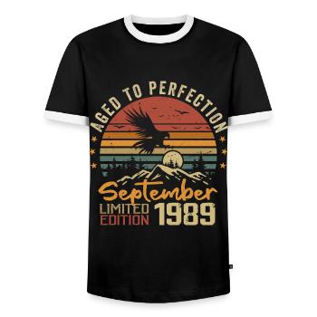 September 1989 Birthdays born in September 1989 - Men's Ringer Shirt - black/white - Front - AI Model Female 172 light (172cm) & AI Model Male 178 light (178cm)