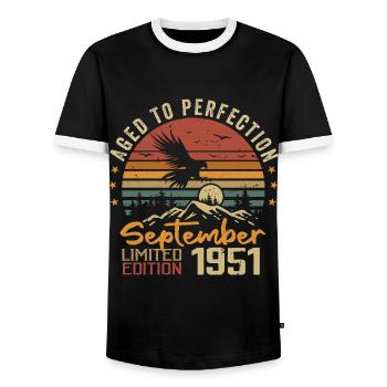 September 1951 Birthdays born in September 1951 - Men's Ringer Shirt - black/white - Front - AI Model Female 172 light (172cm) & AI Model Male 178 light (178cm)