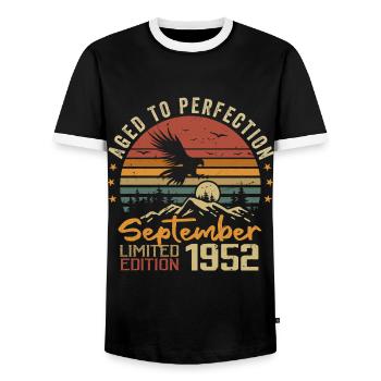 September 1952 Birthdays born in September 1952 - Men's Ringer Shirt - black/white - Front - AI Model Female 172 light (172cm) & AI Model Male 178 light (178cm)