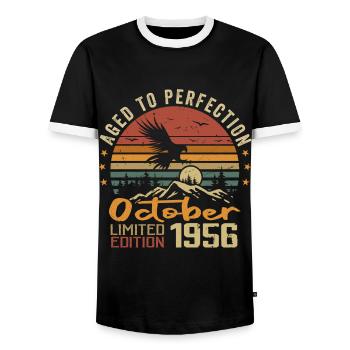 Vintage October 1956 - October 1956 Retro Gift - Men's Ringer Shirt - black/white - Front - AI Model Female 172 light (172cm) & AI Model Male 178 light (178cm)