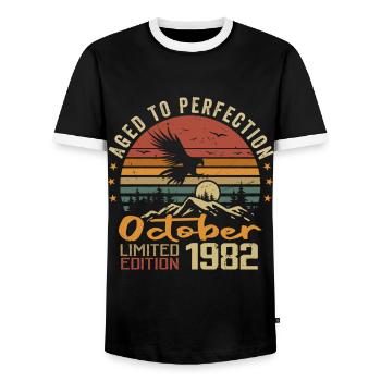 Vintage October 1982 - October 1982 Retro Gift - Men's Ringer Shirt - black/white - Front - AI Model Female 172 light (172cm) & AI Model Male 178 light (178cm)