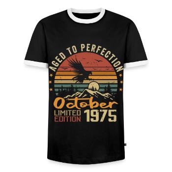 Vintage October 1975 - October 1975 Retro Gift - Men's Ringer Shirt - black/white - Front - AI Model Female 172 light (172cm) & AI Model Male 178 light (178cm)