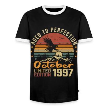 Vintage October 1997 - October 1997 Retro Gift - Men's Ringer Shirt - black/white - Front - AI Model Female 172 light (172cm) & AI Model Male 178 light (178cm)