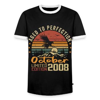 Vintage October 2008 - October 2008 Retro Gift - Men's Ringer Shirt - black/white - Front - AI Model Female 172 light (172cm) & AI Model Male 178 light (178cm)
