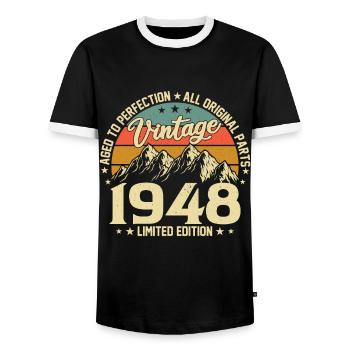Aged to Perfection 1948 76th Birthday Vintage - Men's Ringer Shirt - black/white - Front - AI Model Female 172 light (172cm) & AI Model Male 178 light (178cm)