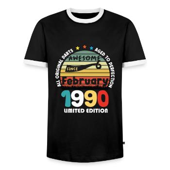 34 Years Old Made In 1990 Vintage February 1990 - Men's Ringer Shirt - black/white - Front - AI Model Female 172 light (172cm) & AI Model Male 178 light (178cm)