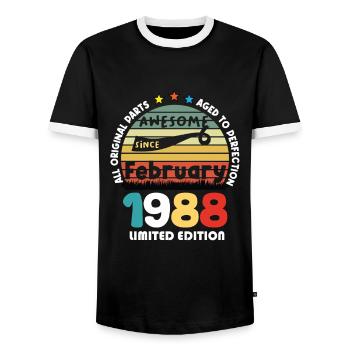 36 Years Old Made In 1988 Vintage February 1988 - Men's Ringer Shirt - black/white - Front - AI Model Female 172 light (172cm) & AI Model Male 178 light (178cm)
