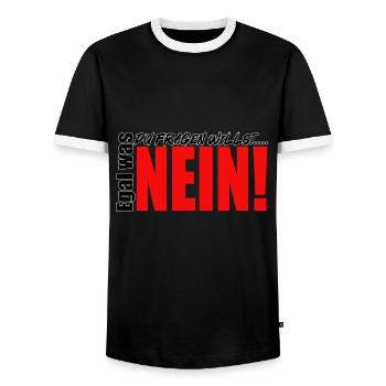 No matter what you want to ask - No! - Men's Ringer Shirt - black/white - Front - AI Model Female 172 light (172cm) & AI Model Male 178 light (178cm)