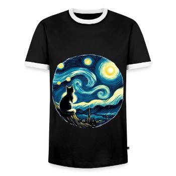 Painting Starry Night Cat Night Moon Stars Art - Men's Ringer Shirt - black/white - Front - AI Model Female 172 light (172cm) & AI Model Male 178 light (178cm)