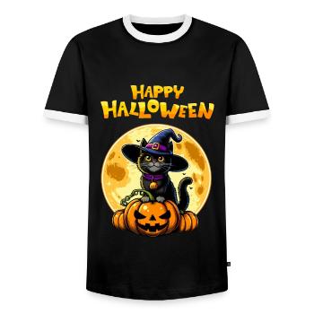 Happy Halloween Kürbis Katze Vollmond Niedlich Fun - Männer Kontrast-T-Shirt - Schwarz/Weiß - Vorne - AI Model Female 172 light (172cm) & AI Model Male 178 light (178cm)