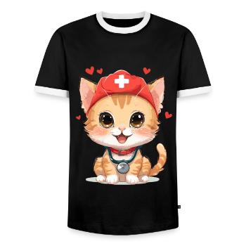 Cat Nurse Meow Heart Valentine's Day Cute - Men's Ringer Shirt - black/white - Front - AI Model Female 172 light (172cm) & AI Model Male 178 light (178cm)