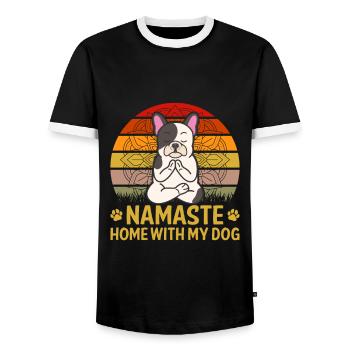 Yoga Quote Namaste Home With My Dog - Men's Ringer Shirt - black/white - Front - AI Model Female 172 light (172cm) & AI Model Male 178 light (178cm)