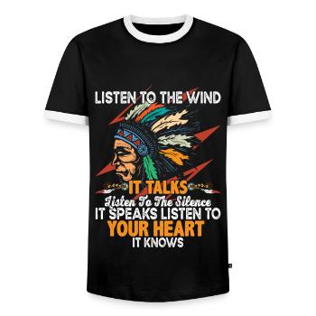 Native American Quote Listen To The Wind - Men's Ringer Shirt - black/white - Front - AI Model Female 172 light (172cm) & AI Model Male 178 light (178cm)