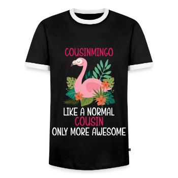 Flamingo Quote Cousinmingo Like A Normal Cousin - Men's Ringer Shirt - black/white - Front - AI Model Female 172 light (172cm) & AI Model Male 178 light (178cm)