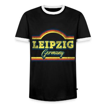 Leipzig Germany City Font Vintage Retro - Men's Ringer Shirt - black/white - Front - AI Model Female 172 light (172cm) & AI Model Male 178 light (178cm)