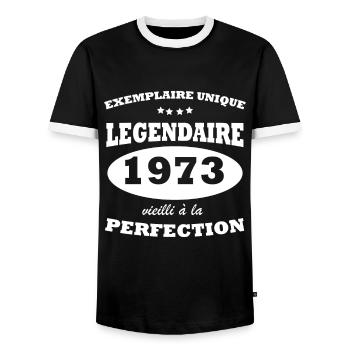 Vintage unique copy 1973 Limited edition - Men's Ringer Shirt - black/white - Front - AI Model Female 172 light (172cm) & AI Model Male 178 light (178cm)