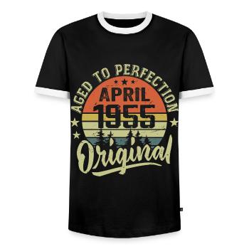 April 1955 Geburtstag - April 1955 Geschenkidee - Männer Kontrast-T-Shirt - Schwarz/Weiß - Vorne - AI Model Female 172 light (172cm) & AI Model Male 178 light (178cm)