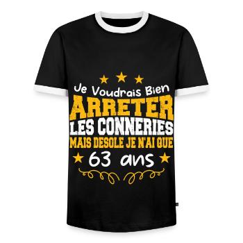 conneries 63 ans / cadeau anniversaire 63 ans - T-shirt contrasté Homme - noir/blanc - Devant - AI Model Female 172 light (172cm) & AI Model Male 178 light (178cm)