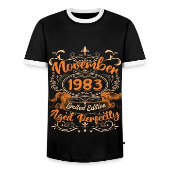 November 1983 Limited Edition - Men's Ringer Shirt - black/white - Front - AI Model Female 172 light (172cm) & AI Model Male 178 light (178cm)