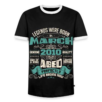 März 2010 | Geburtstagsgeschenk - Männer Kontrast-T-Shirt - Schwarz/Weiß - Vorne - AI Model Female 172 light (172cm) & AI Model Male 178 light (178cm)