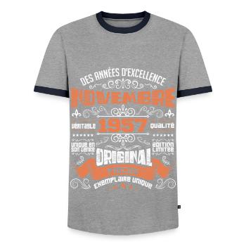 Novembre 1957 - T-shirt contrasté Homme - gris/marine  - Devant - AI Model Female 172 light (172cm) & AI Model Male 178 light (178cm)