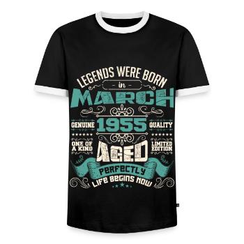 März 1955 | Geburtstagsgeschenk - Männer Kontrast-T-Shirt - Schwarz/Weiß - Vorne - AI Model Female 172 light (172cm) & AI Model Male 178 light (178cm)