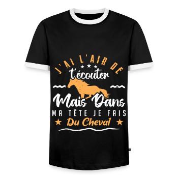 Dans ma tête je fais du cheval, Cadeau équitation - T-shirt contrasté Homme - noir/blanc - Devant - AI Model Female 172 light (172cm) & AI Model Male 178 light (178cm)