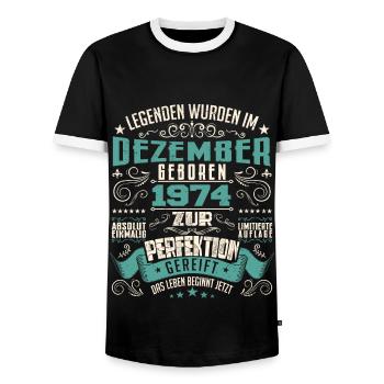 Legenden werden geboren im Dezember 1974 - T-shirt contrasté Homme - noir/blanc - Devant - AI Model Female 172 light (172cm) & AI Model Male 178 light (178cm)