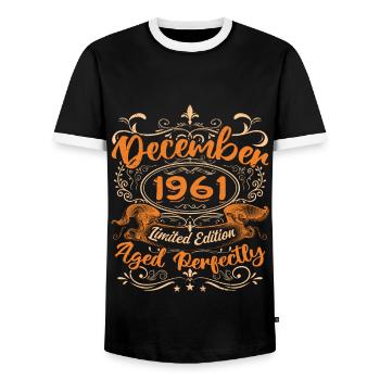 December 1961 | Limited Edition - Men's Ringer Shirt - black/white - Front - AI Model Female 172 light (172cm) & AI Model Male 178 light (178cm)