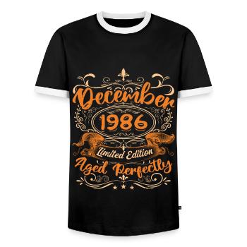 December 1986 | Limited Edition - Men's Ringer Shirt - black/white - Front - AI Model Female 172 light (172cm) & AI Model Male 178 light (178cm)