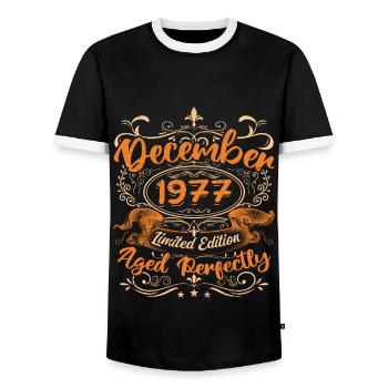 December 1977 | Limited Edition - Men's Ringer Shirt - black/white - Front - AI Model Female 172 light (172cm) & AI Model Male 178 light (178cm)