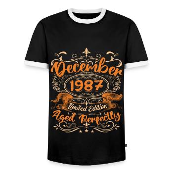 December 1987 | Limited Edition - Men's Ringer Shirt - black/white - Front - AI Model Female 172 light (172cm) & AI Model Male 178 light (178cm)