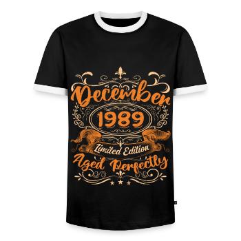 December 1989 | Limited Edition - Men's Ringer Shirt - black/white - Front - AI Model Female 172 light (172cm) & AI Model Male 178 light (178cm)