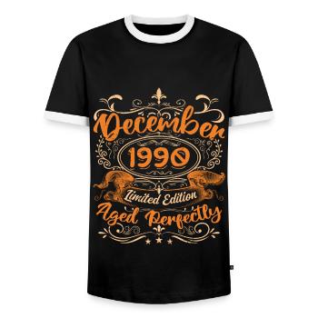 Dezember 1990 | Limitierte Auflage - Männer Kontrast-T-Shirt - Schwarz/Weiß - Vorne - AI Model Female 172 light (172cm) & AI Model Male 178 light (178cm)